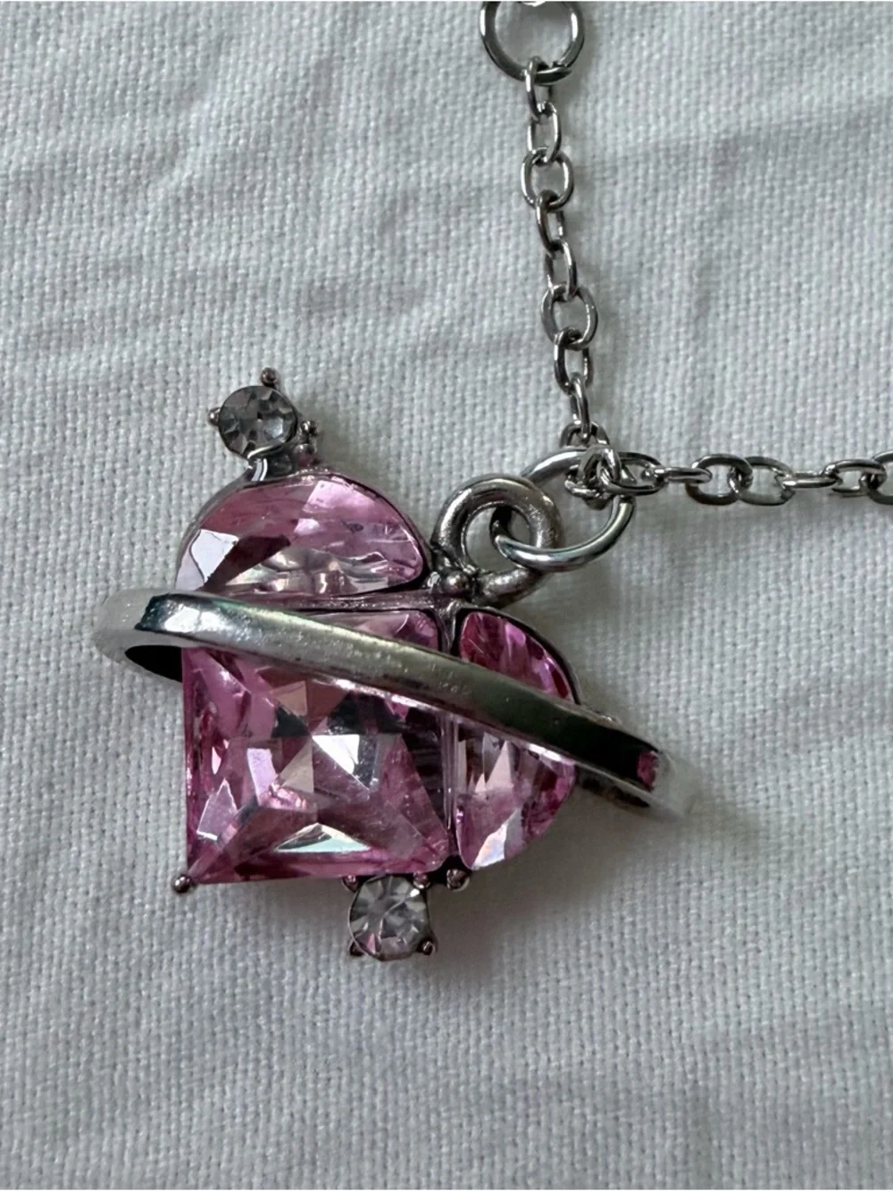 Brand New Y2K Magic Fantasy Silver Diamond Pink Heart Charm Pendant Necklace